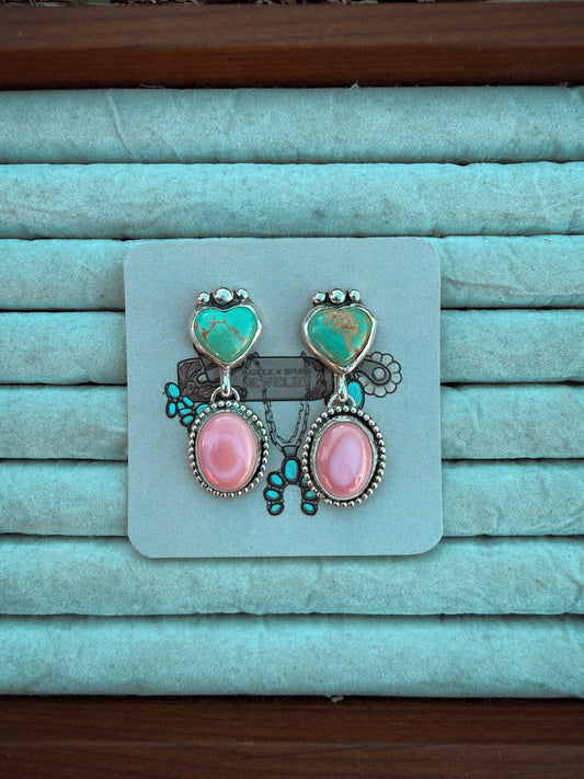 Turquoise and Pink Conch Heart Dangles